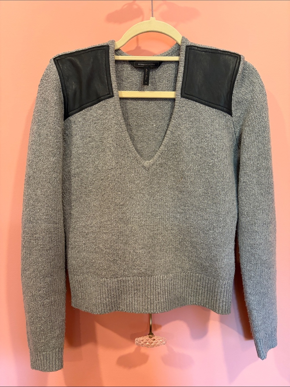 BCBGMaxAzria Gray V-Neck Sweater with Black Shoulder Panels